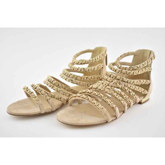 Chanel 18P Beige Suede Chain Gold CC Gladiator Strap Mule Slide Flat Sandal 36.5 - Picture 8 of 10